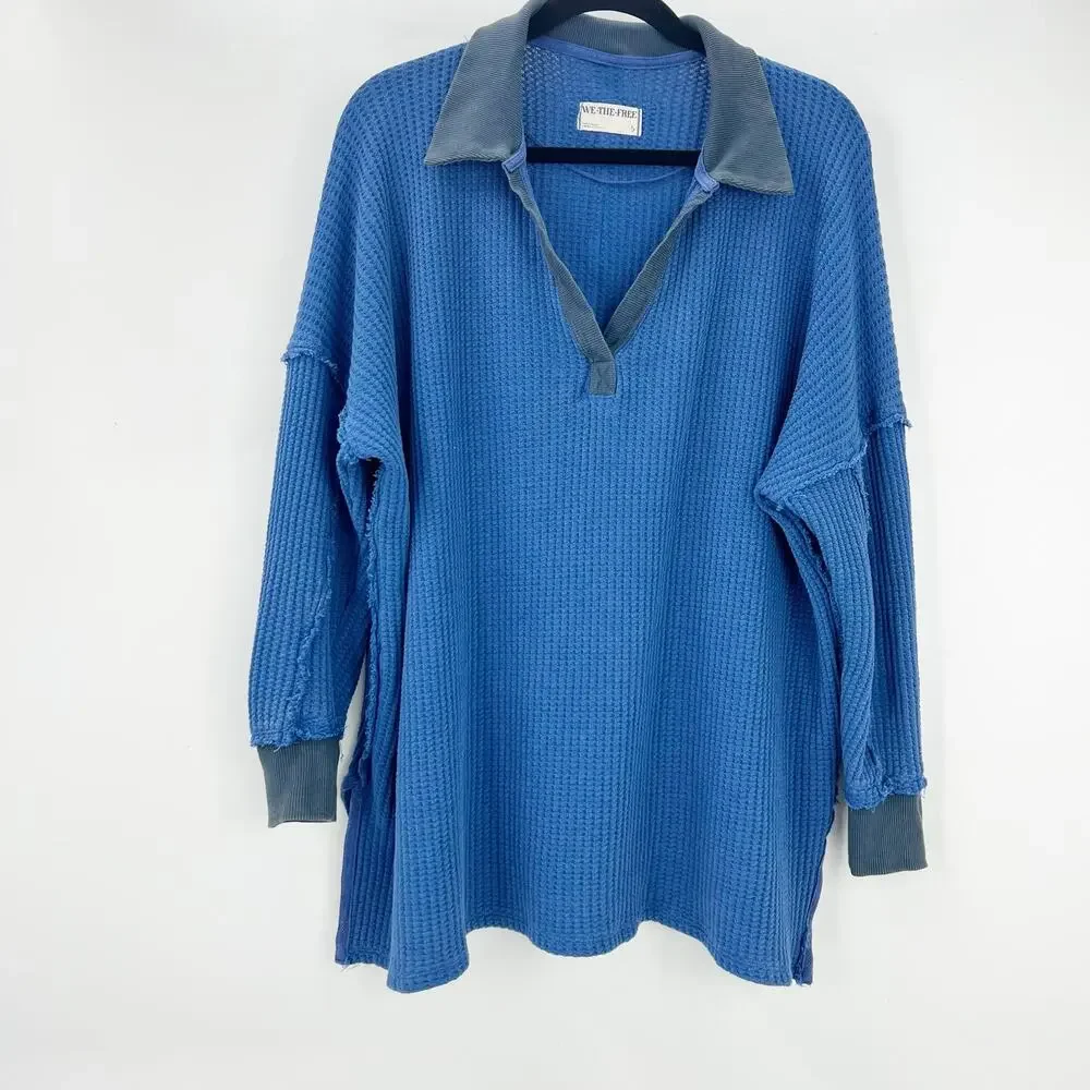 Free People Women's Travis Waffle Knit Polo Sweater Blue Size S NWOT